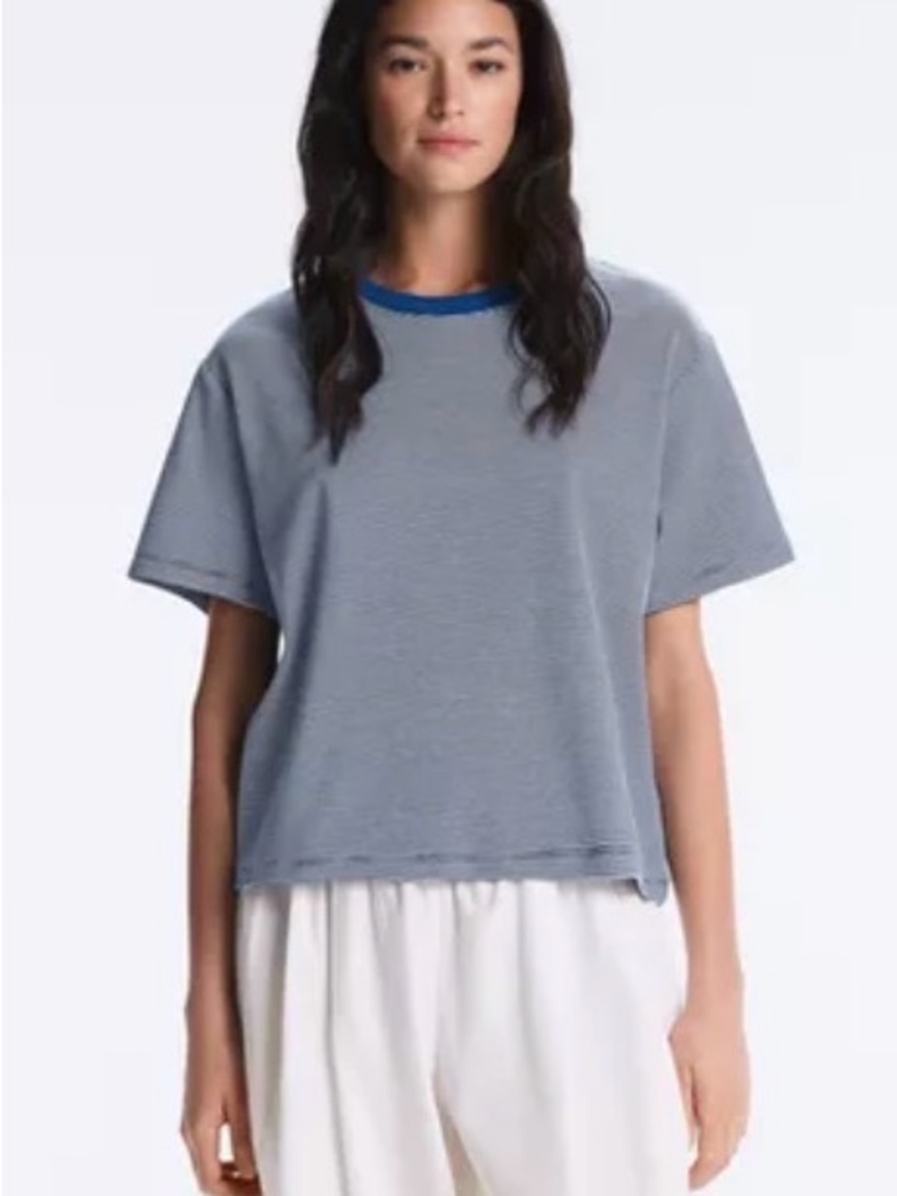 Boxy Short-Sleeve Stripe Tee in Light Blue with Contrast Neck